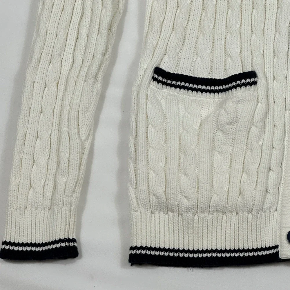 Cabin Creek White Cable Knit Cardigan Sweater Navy Blue Trim Large Cotton‎